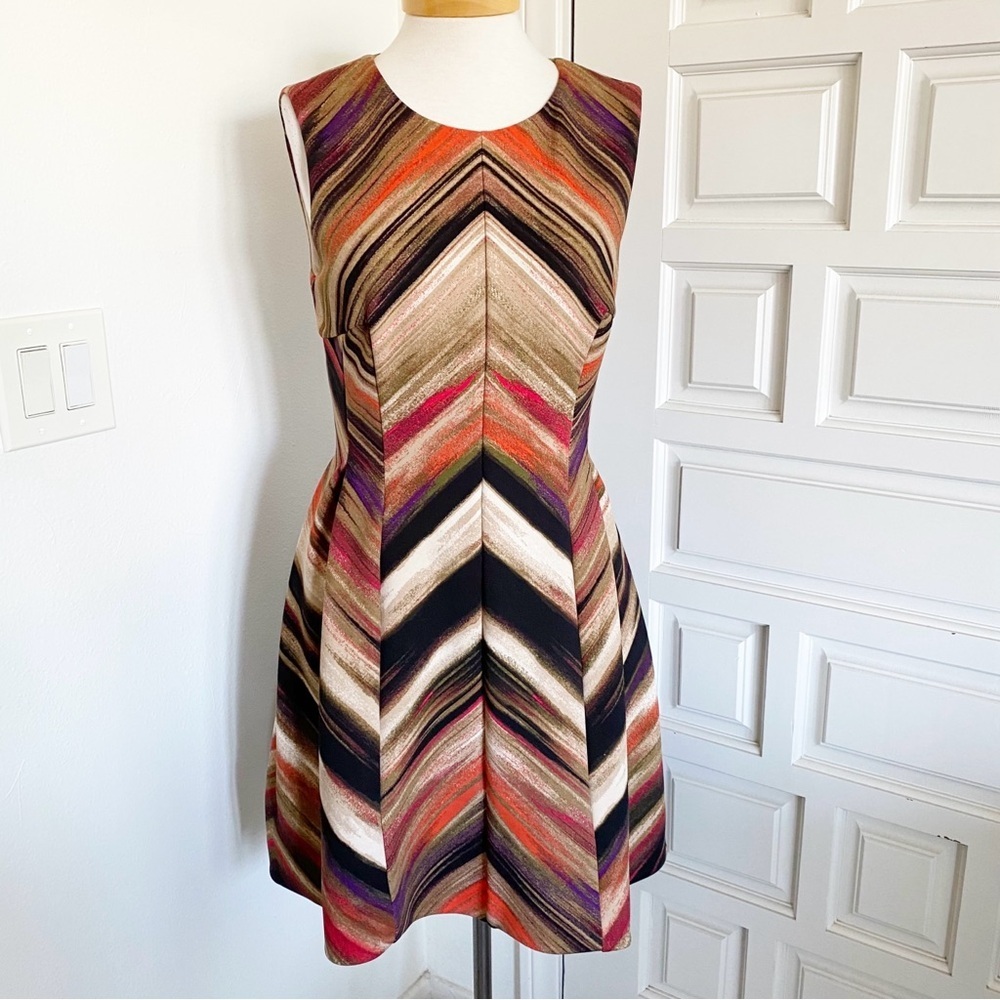 Calvin Klein Fit & Flare Scuba Dress Size 8 Earth Tones Brown Orange Tan Purple